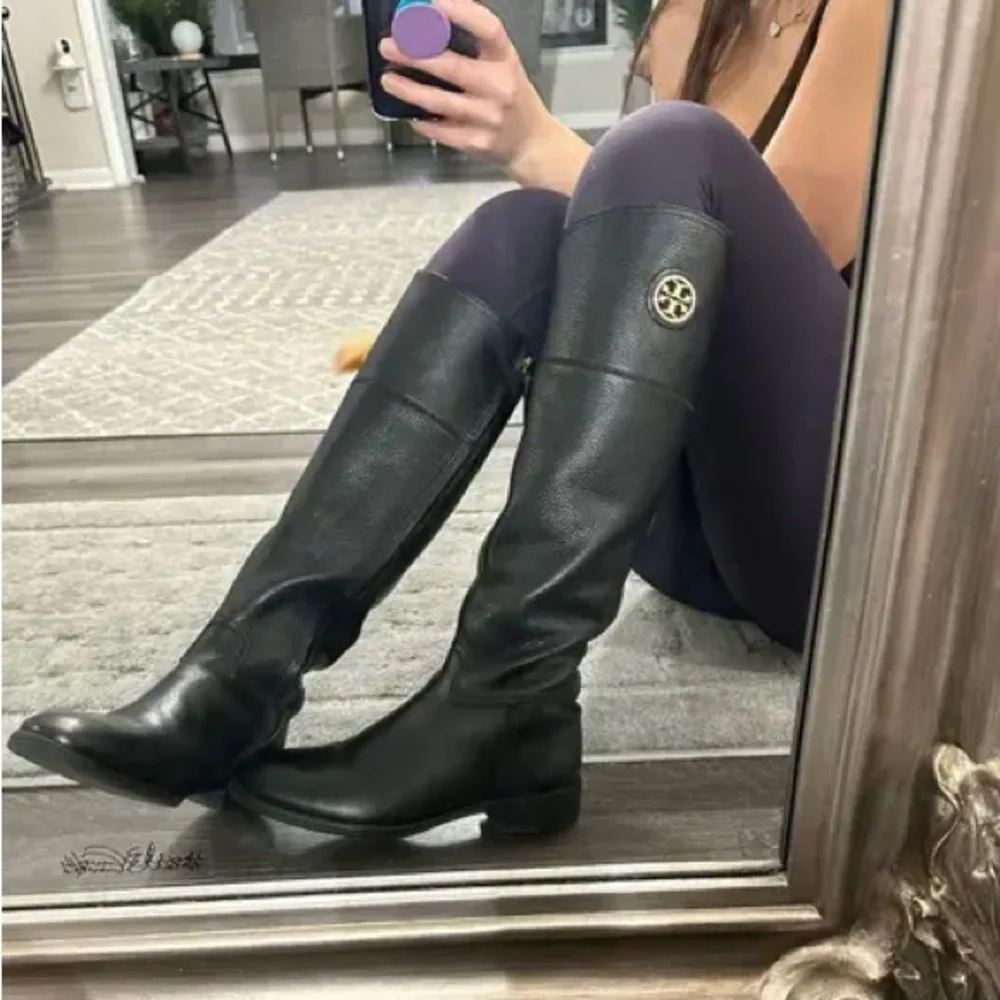 Tory Burch Junction Black Pebbled Leather Tall Riding Boots Gold Logo Size 7